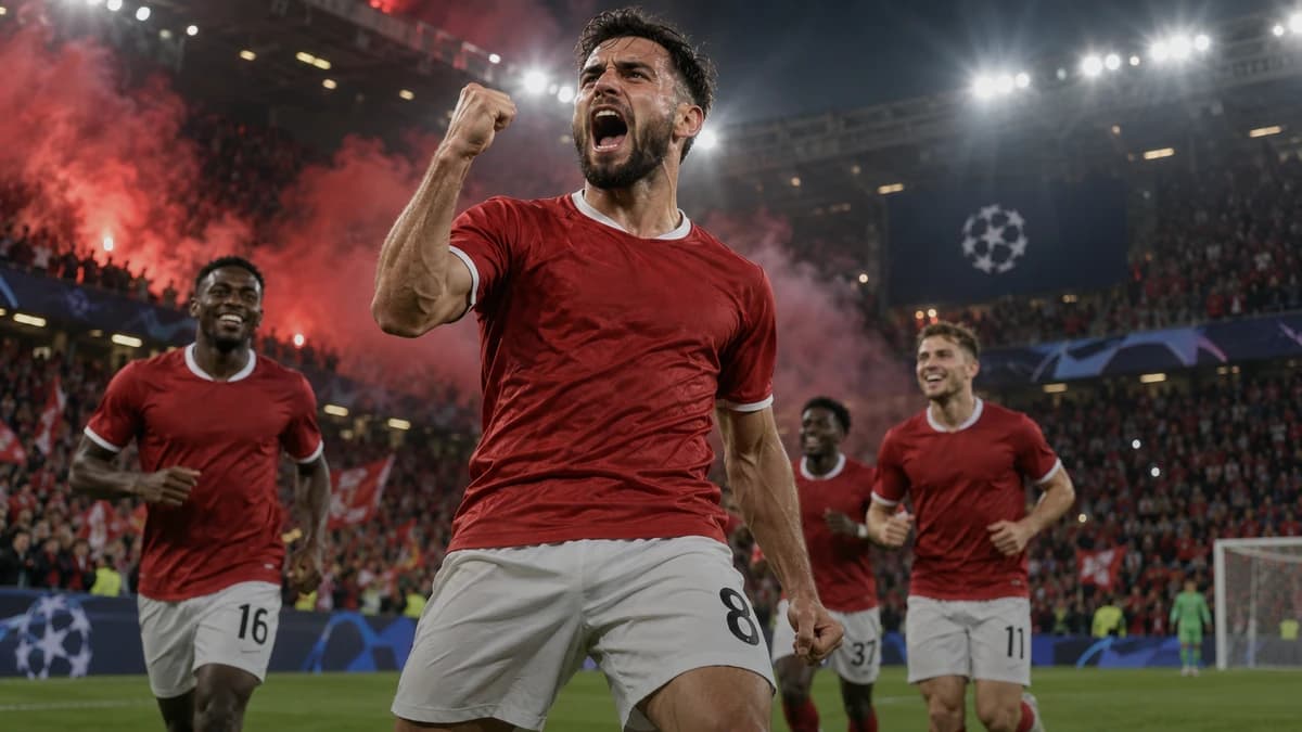 AI editorial illustration of an anonymous Manchester United player celebrating beneath red stadium lights