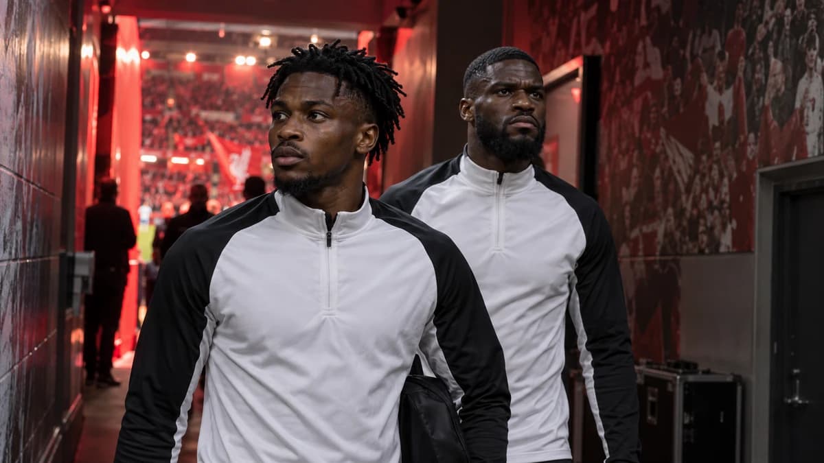 AI-generated editorial illustration of two non-identifiable footballers in a floodlit stadium