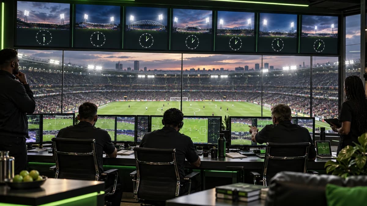 AI-generated editorial illustration of a stadium fixture board with three kickoff waves
