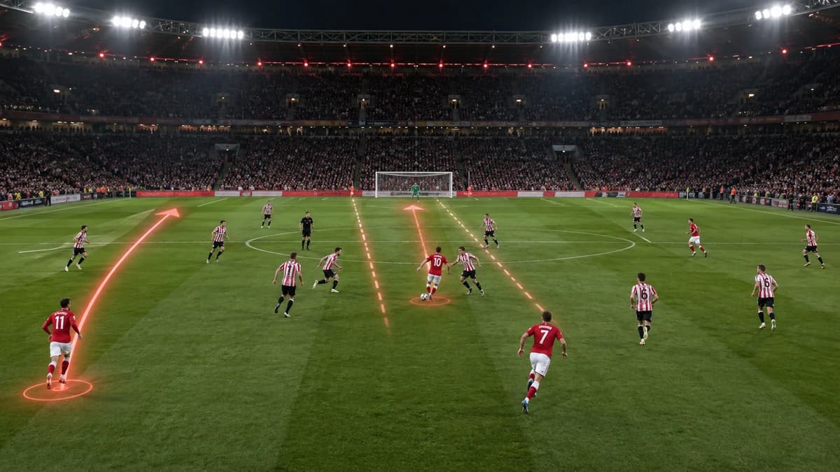 AI-generated tactical editorial illustration of two pressing lanes on a floodlit football pitch