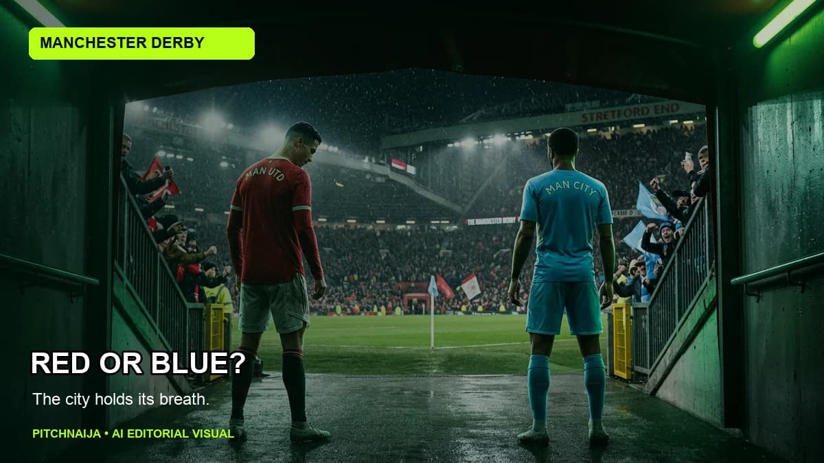 AI-generated editorial illustration of an anonymous red and blue football derby scene under stadium lights