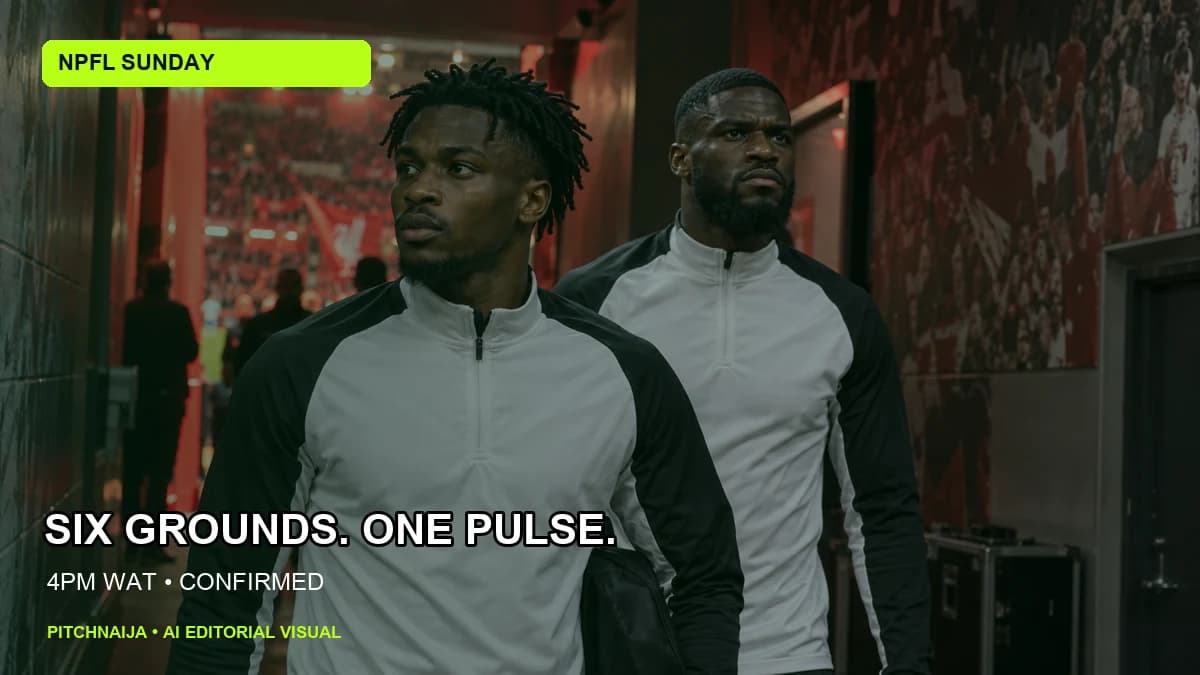 AI-generated editorial illustration of six Nigerian football grounds connected on a Sunday fixture board