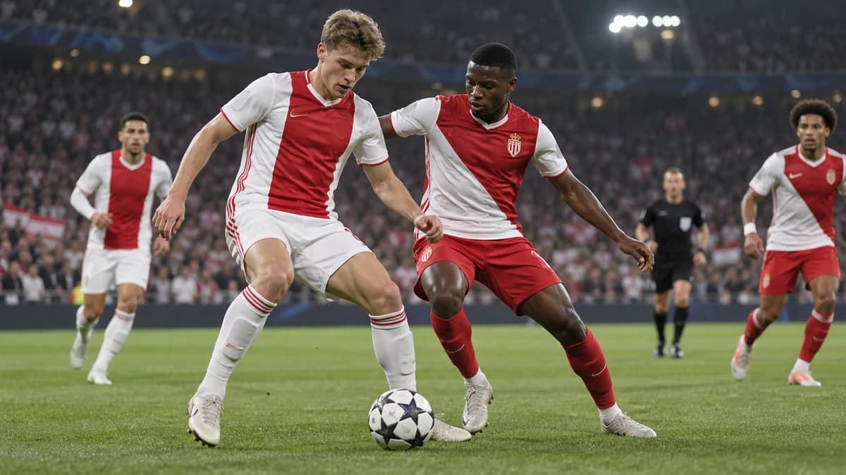 AI-generated editorial illustration of anonymous red-and-white footballers contesting a midfield duel