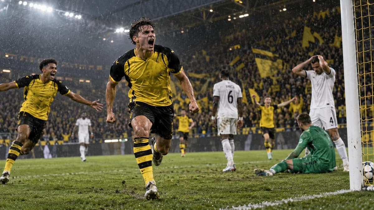 AI-generated editorial illustration of anonymous yellow-and-black and white footballers in a rain-soaked stadium
