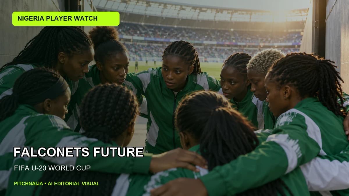 AI-generated editorial illustration of anonymous Nigerian women footballers in a team huddle