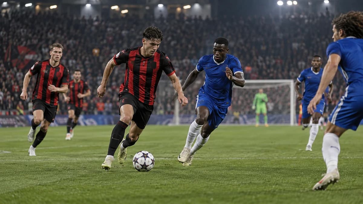 AI-generated editorial illustration of anonymous red-and-black and blue footballers contesting a European match