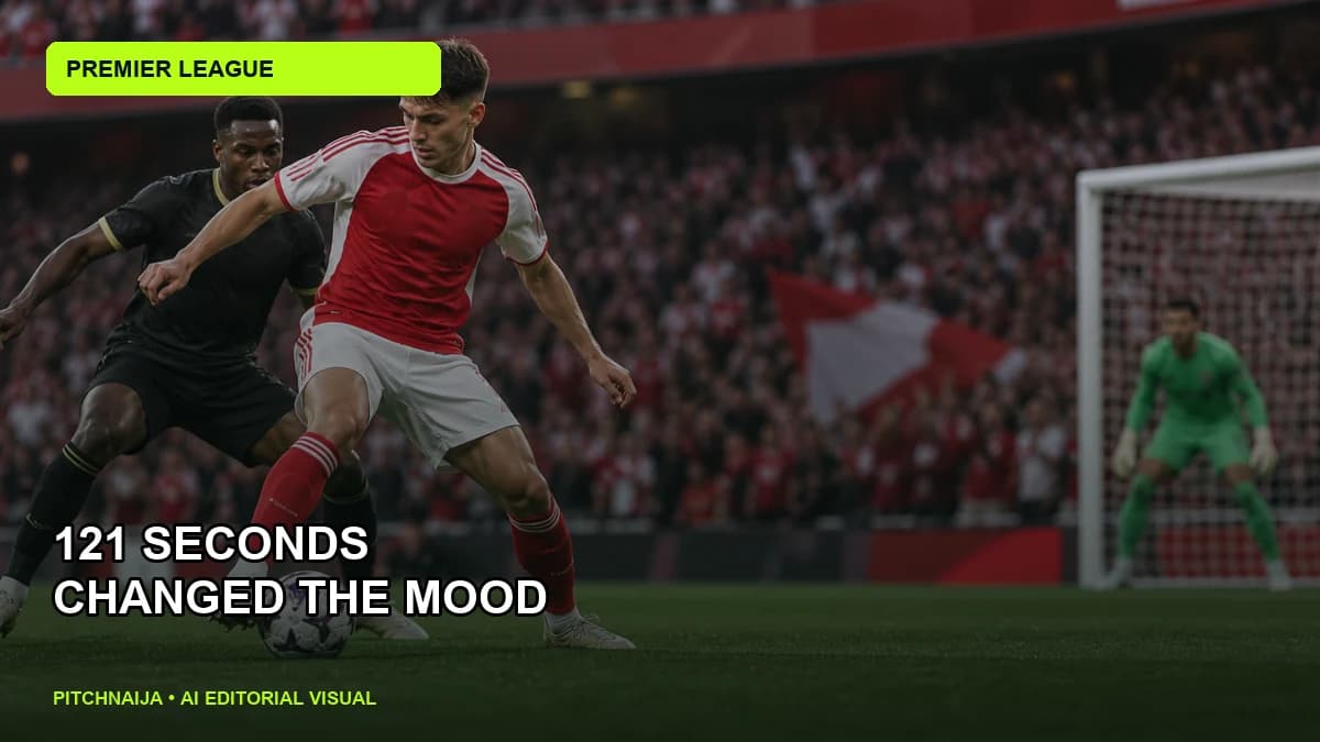 AI editorial illustration of anonymous red-and-white footballers celebrating in a packed stadium