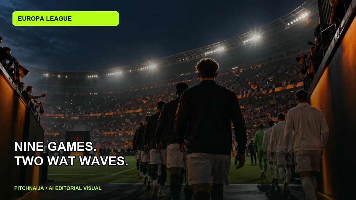 AI editorial illustration of a floodlit European football stadium prepared for opening night
