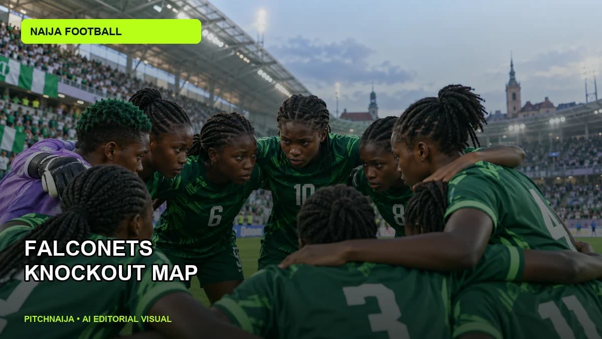 AI editorial illustration of anonymous young Nigerian women footballers in a focused team huddle
