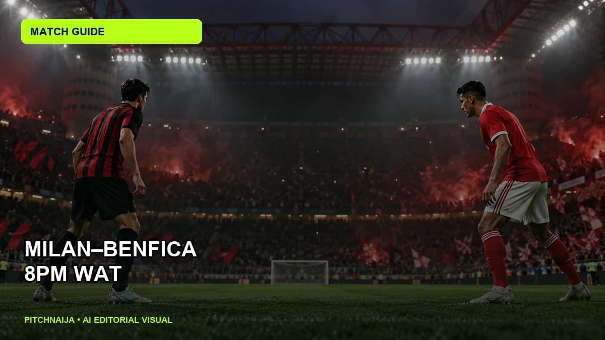 AI editorial illustration of anonymous red-and-black footballers entering a floodlit European stadium