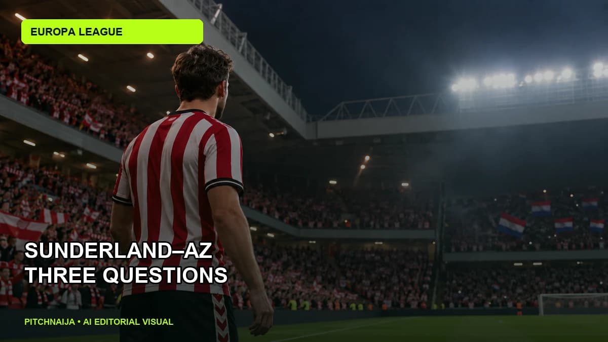 AI editorial illustration of anonymous red-and-white footballers under stadium lights
