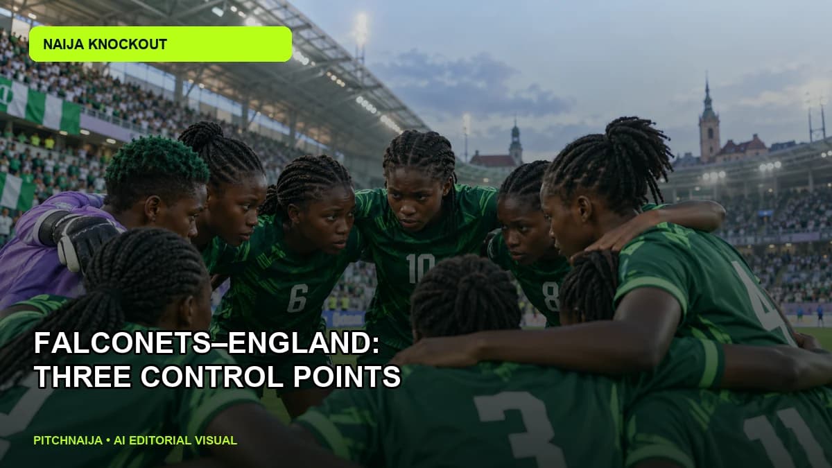 AI editorial illustration of anonymous young Nigerian women footballers in a focused green team huddle