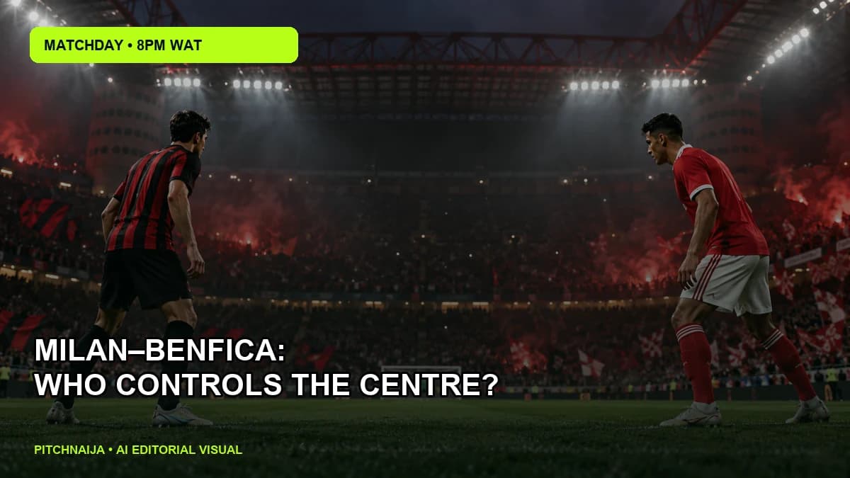 AI editorial illustration of anonymous footballers entering a floodlit red-and-black European stadium