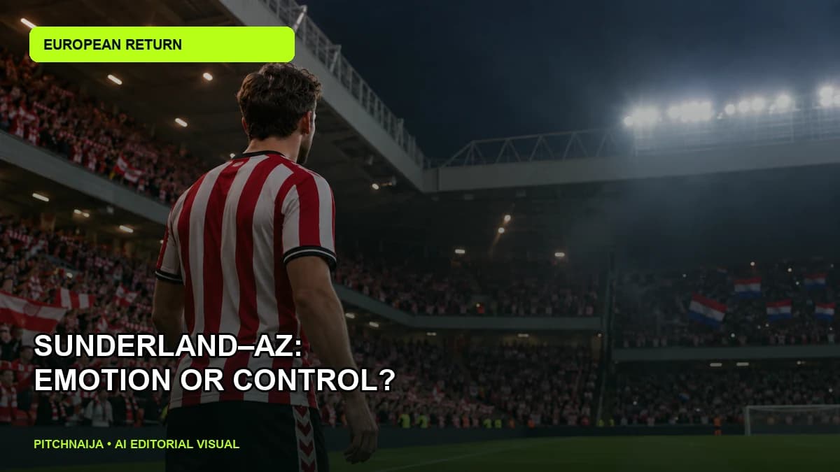 AI editorial illustration of anonymous footballers under red-and-white stadium lights