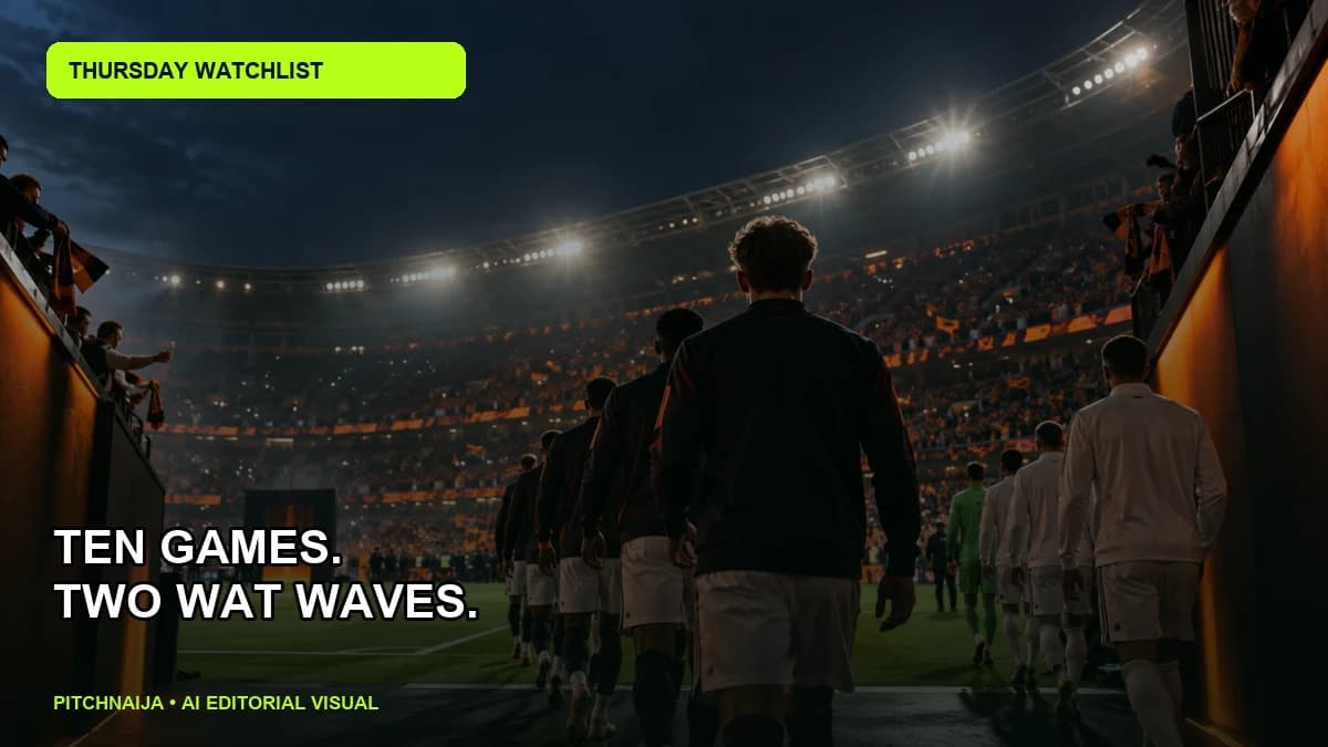 AI editorial illustration of anonymous footballers walking into a floodlit European stadium