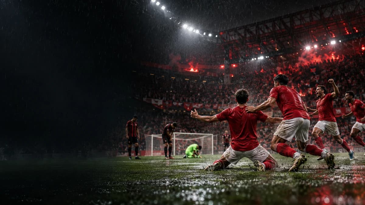 AI editorial illustration of anonymous red-and-black and red footballers in a floodlit European stadium