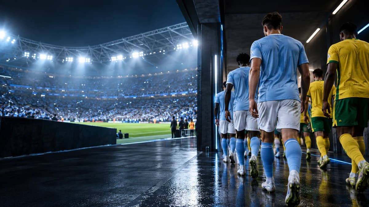 AI editorial illustration of anonymous sky-blue and yellow footballers preparing for a night cup match
