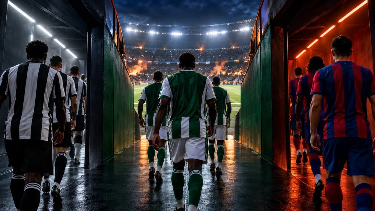AI editorial illustration of Nigerian supporters choosing among European football matches on screens