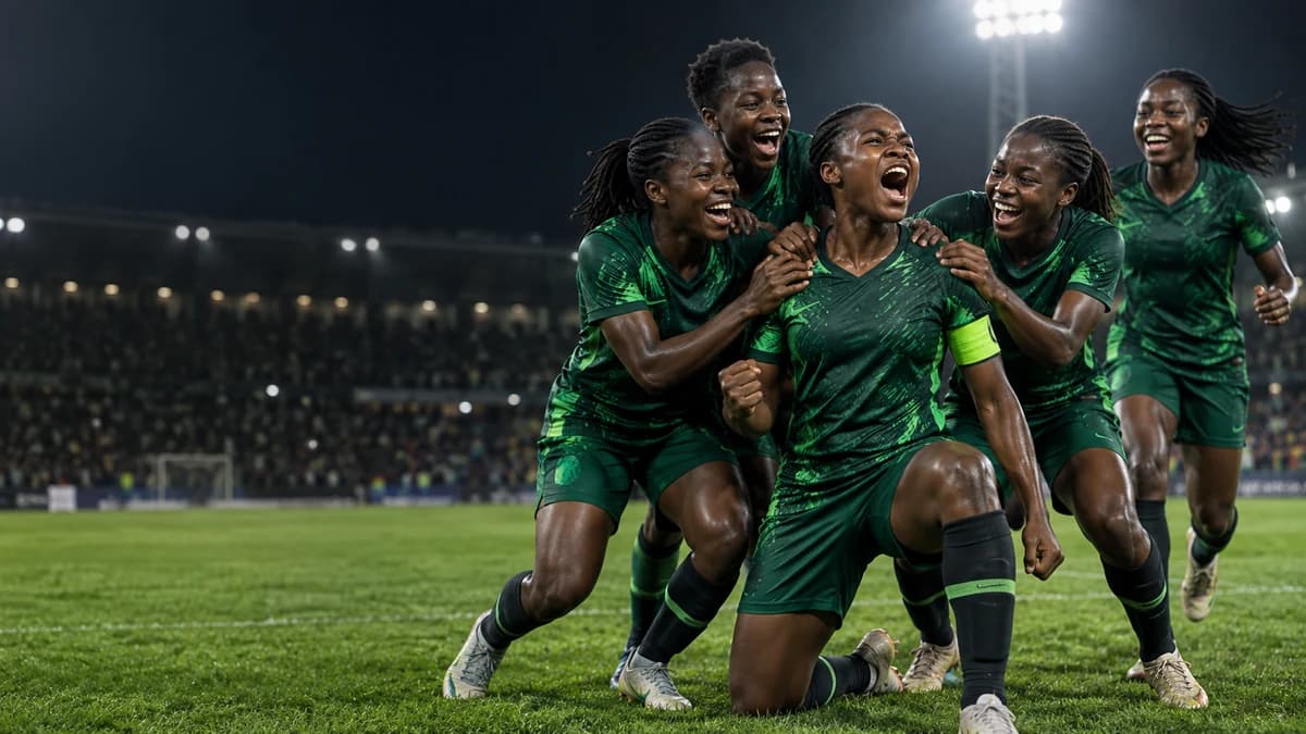 AI editorial illustration of Nigerian youth women footballers celebrating beneath green stadium lights
