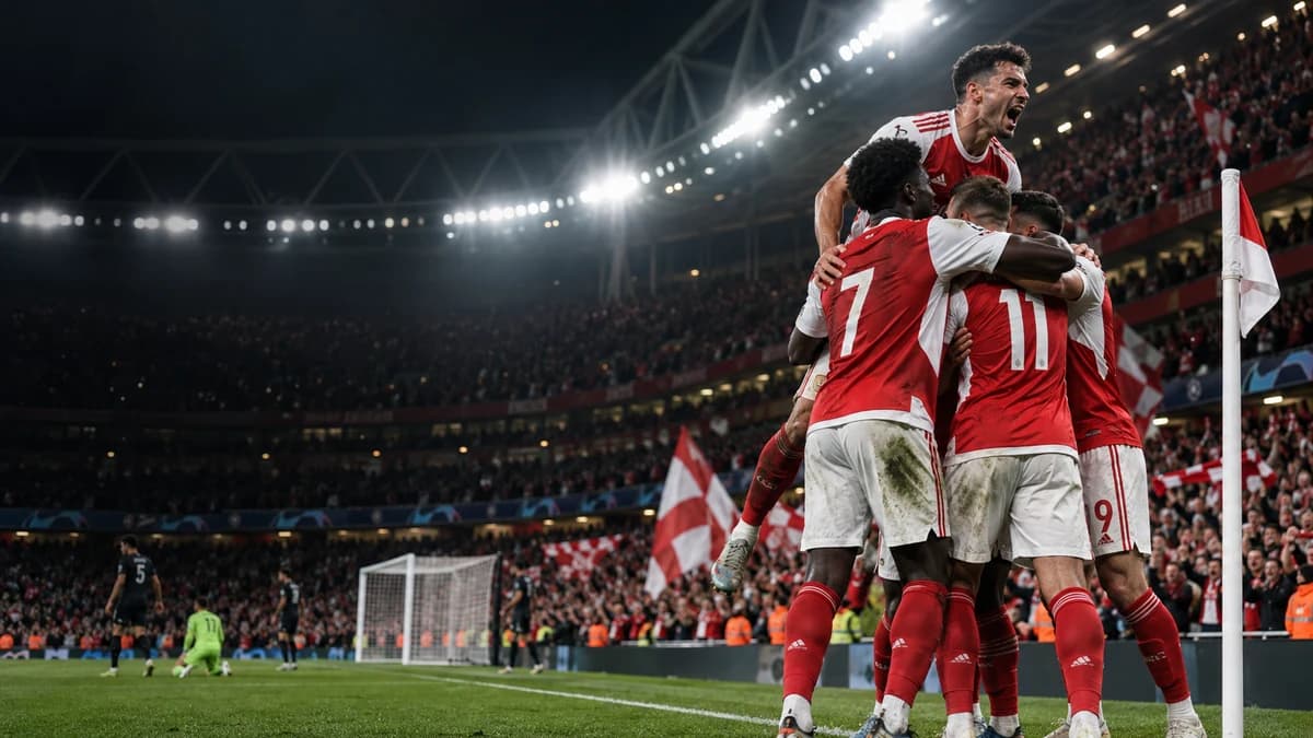 AI editorial illustration of anonymous red-and-white footballers celebrating under stadium floodlights