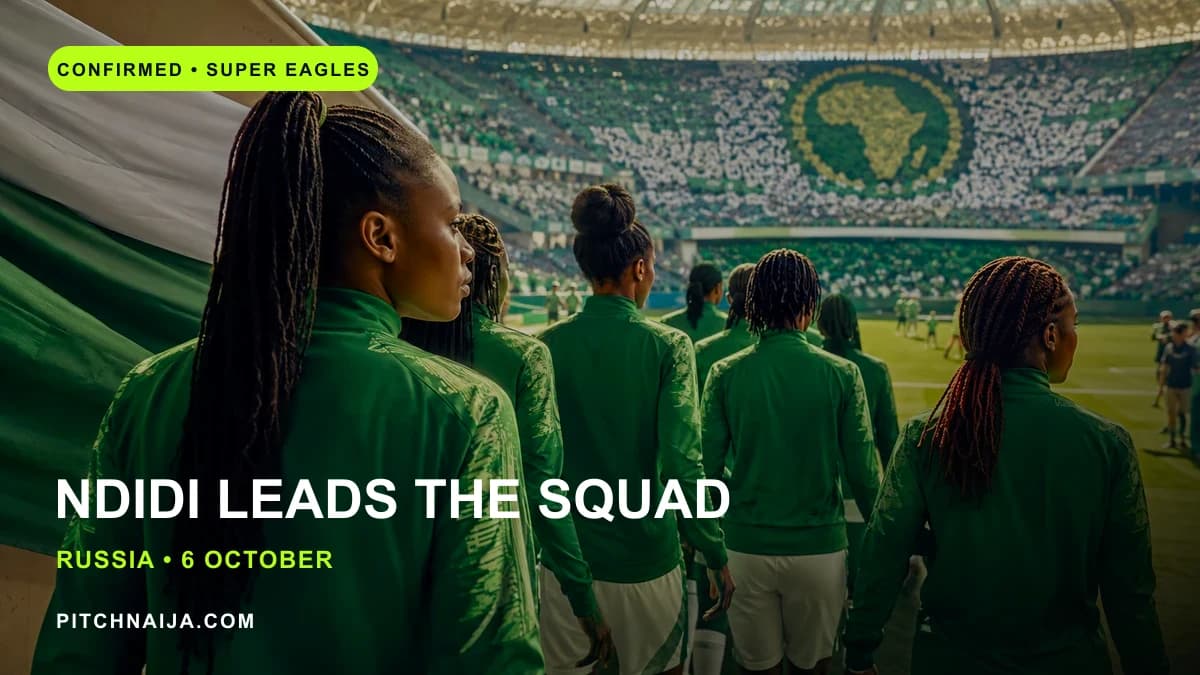 AI editorial illustration representing Nigeria's senior football squad under green stadium lights