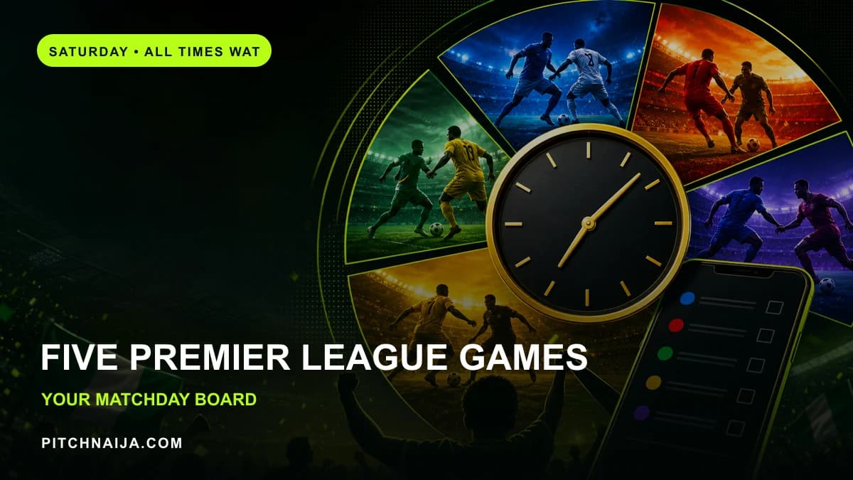 AI editorial match-board scene representing a packed Premier League Saturday