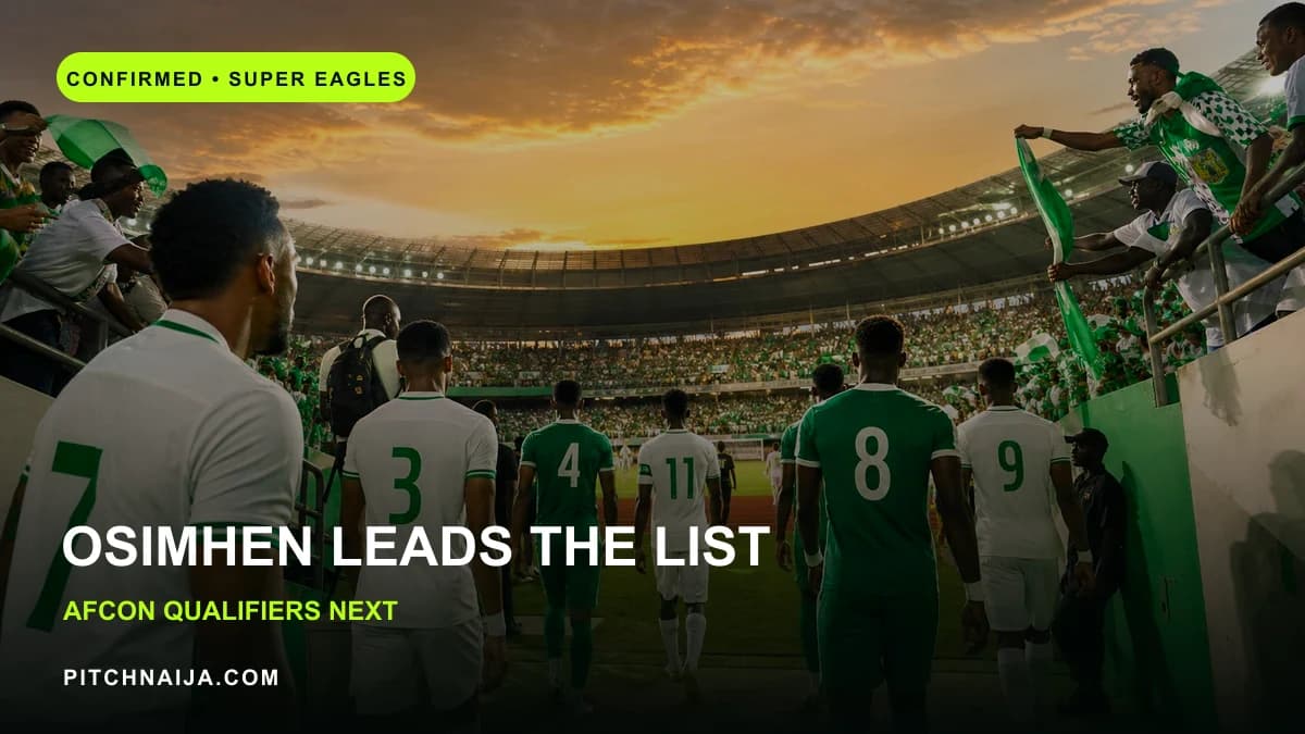 AI editorial scene representing Nigeria's senior football squad beneath green stadium lights