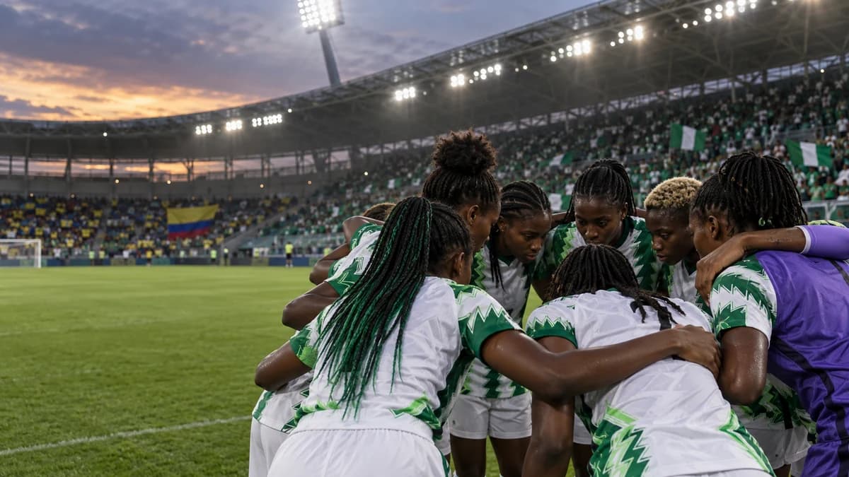 AI editorial scene of anonymous Nigerian under-20 women footballers in a pre-match huddle