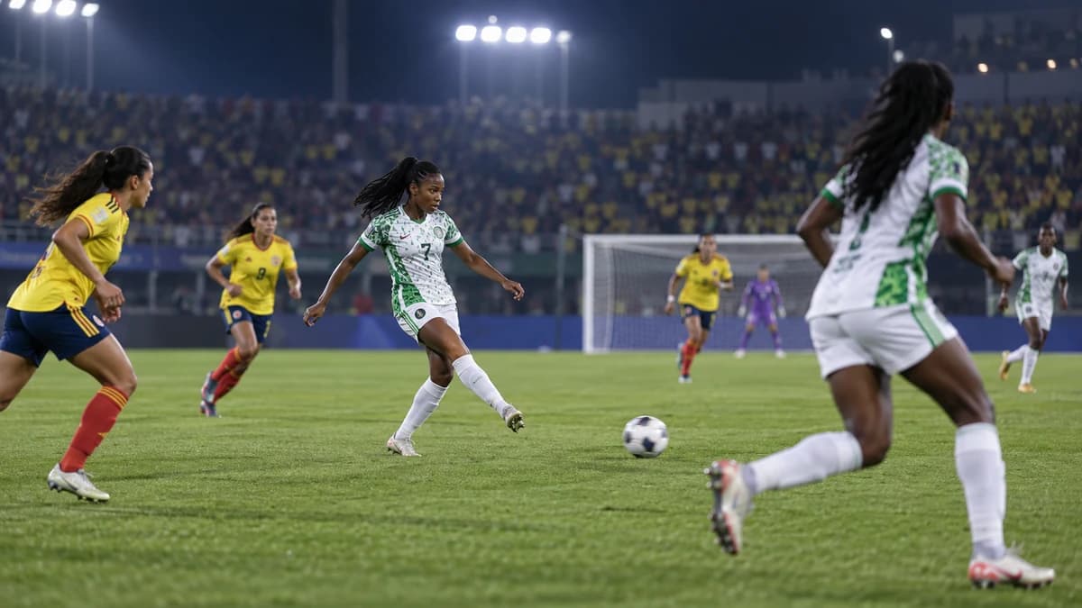 AI editorial tactical scene of anonymous Nigerian and Colombian under-20 women footballers