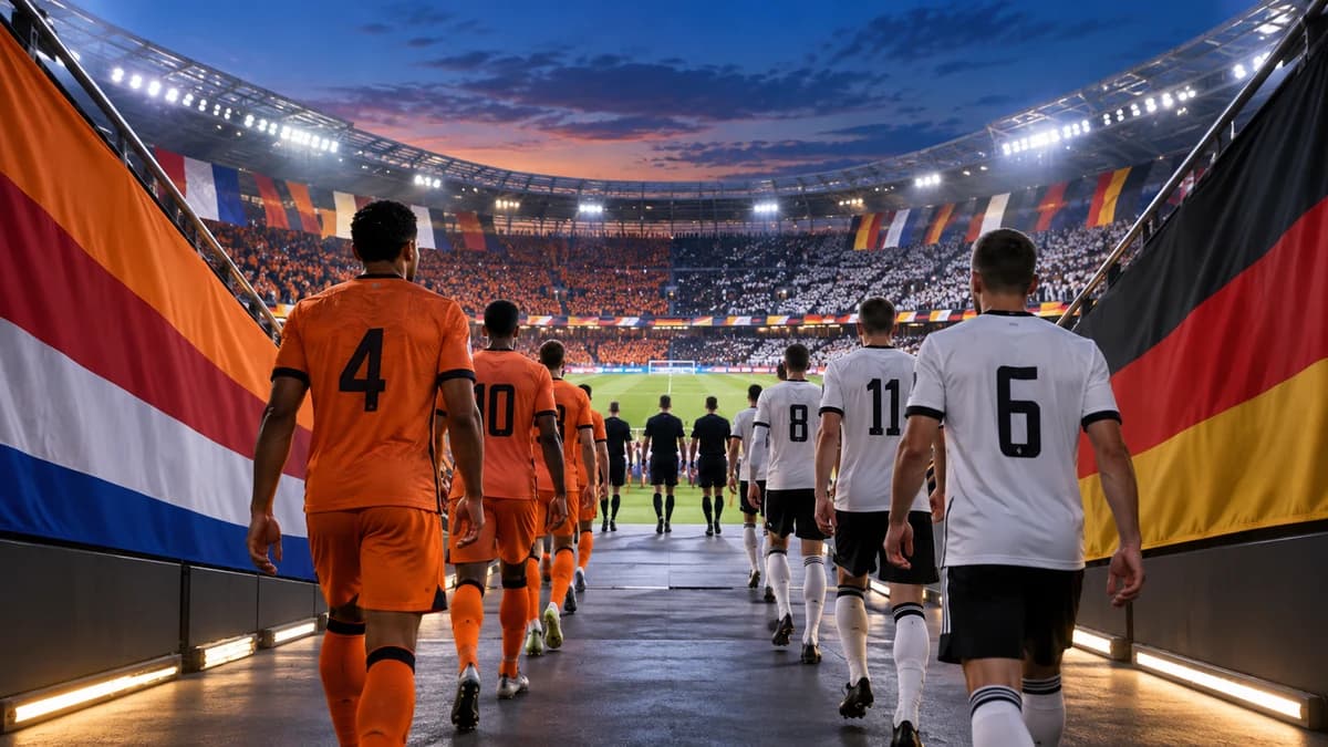 AI editorial scene of anonymous Netherlands and Germany footballers entering a floodlit stadium