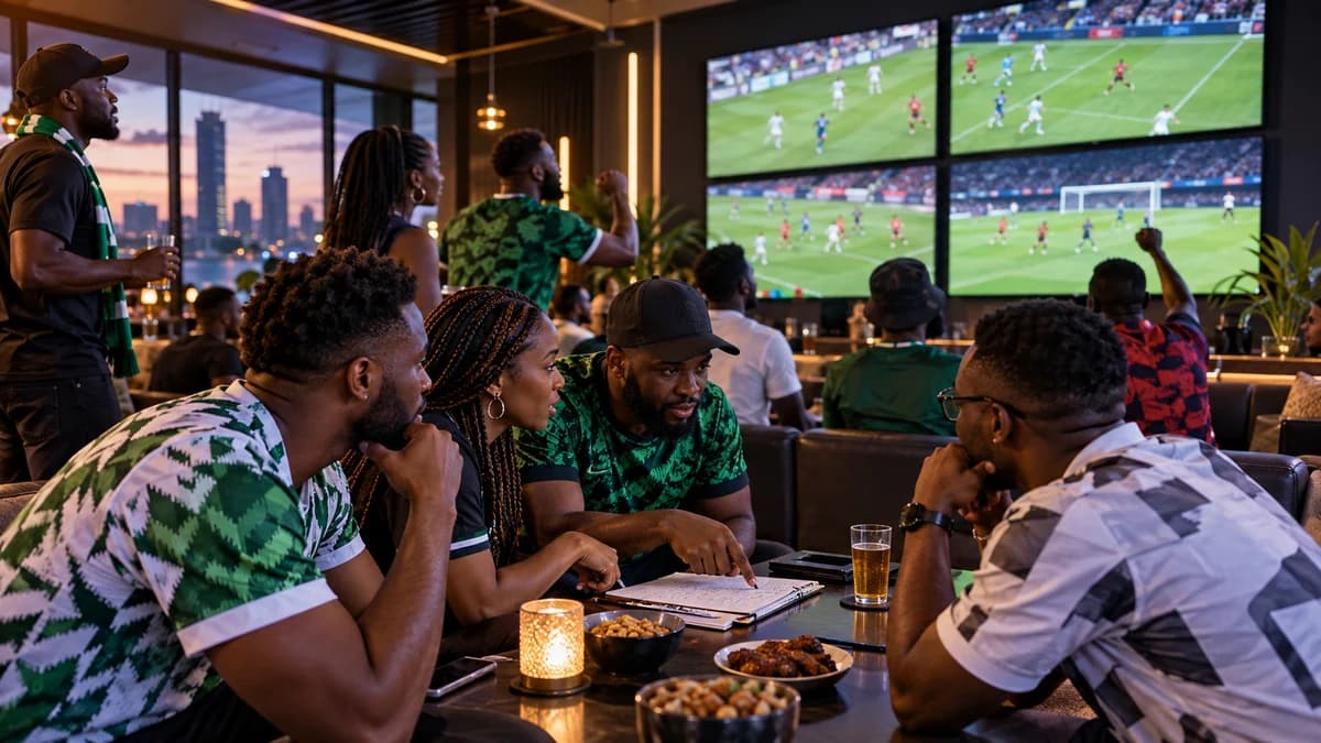 AI editorial scene of Nigerian supporters choosing among Sunday football matches