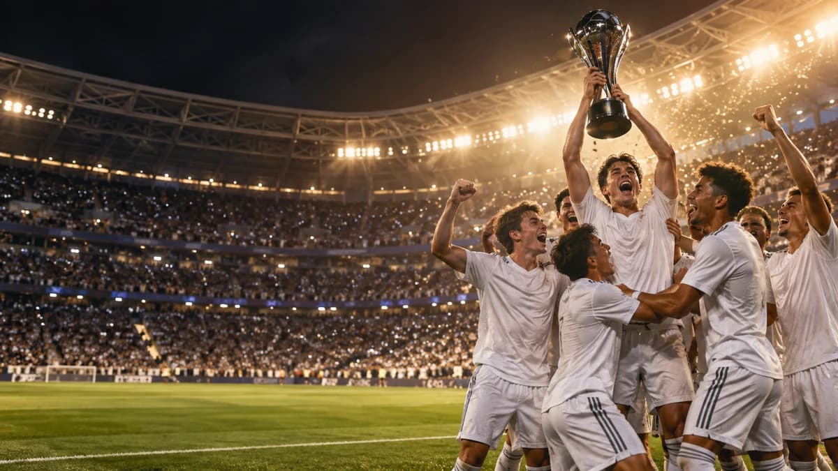 AI editorial scene of anonymous youth footballers celebrating beneath golden stadium lights