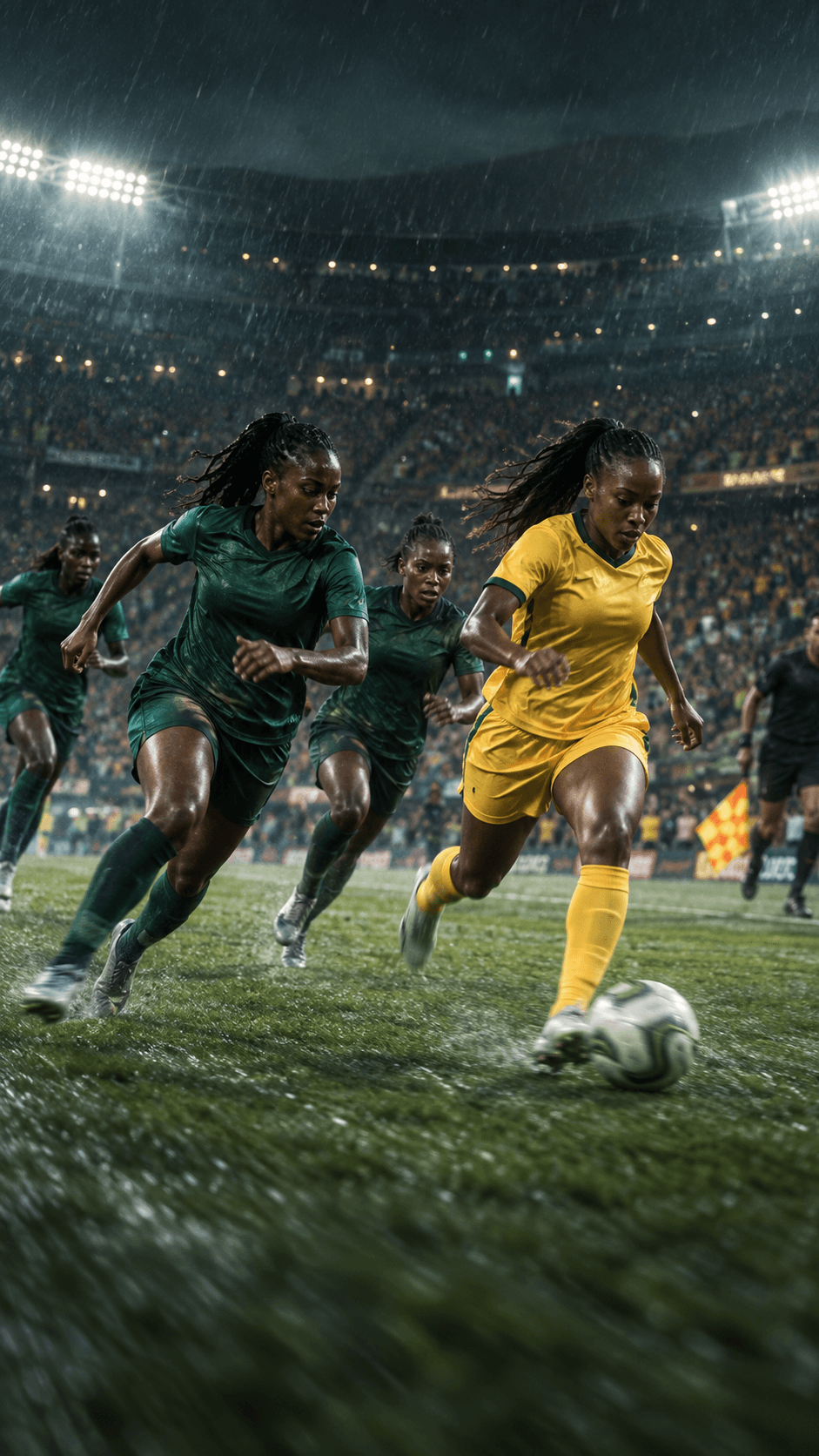 AI-generated editorial scene of Nigerian women footballers defending under stadium lights