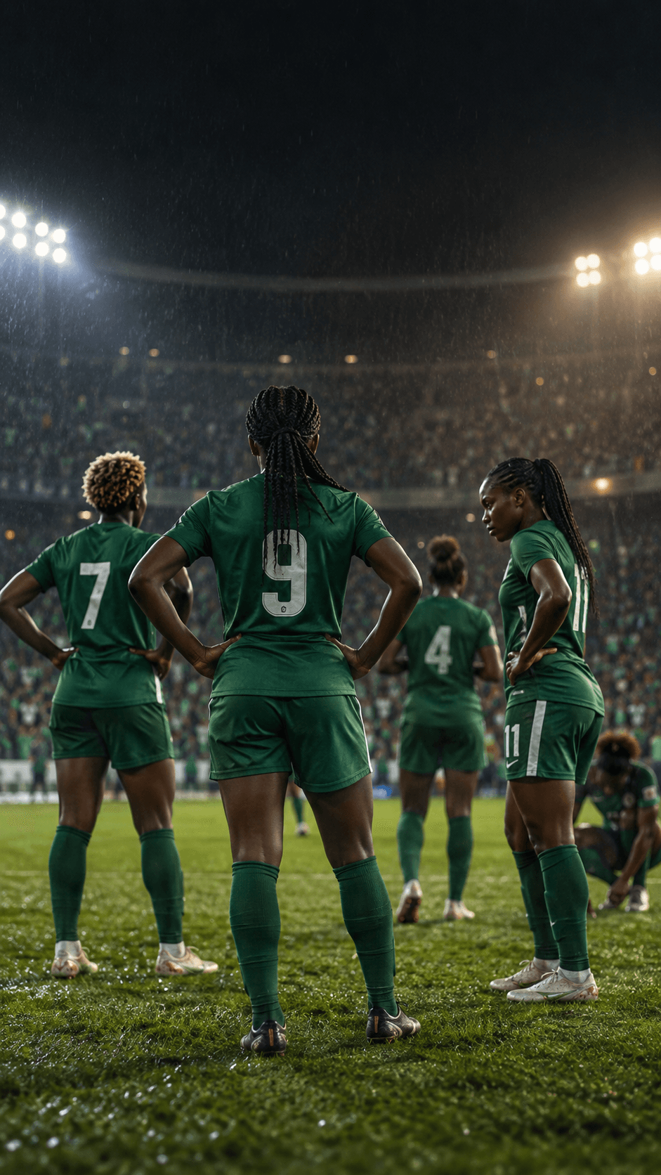 AI-generated editorial scene of Nigerian women footballers regrouping on the pitch