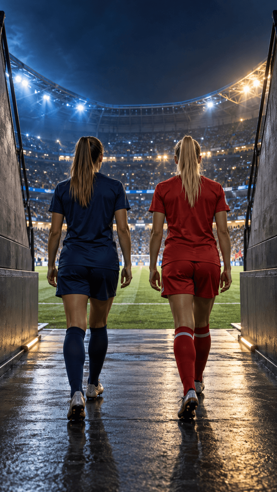 AI-generated editorial scene of a women’s footballer entering a floodlit European stadium