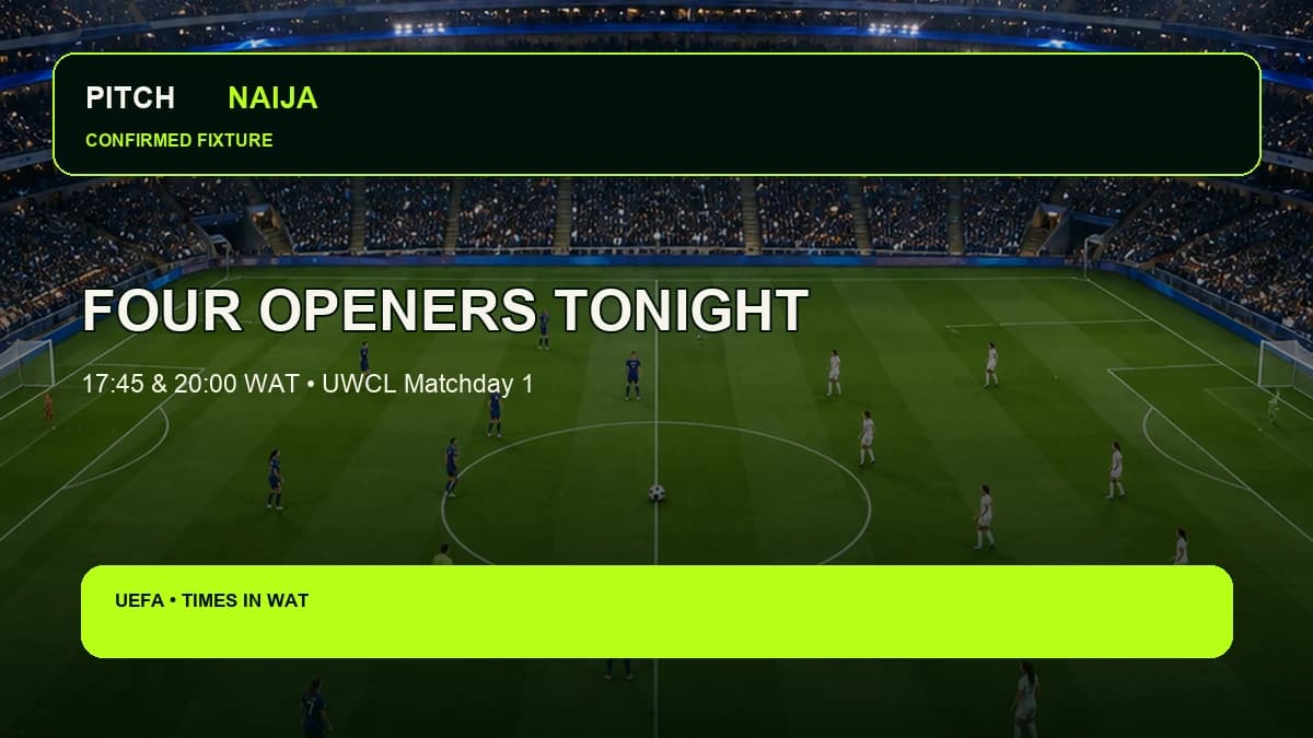 PitchNaija editorial fixture board for four UEFA Women’s Champions League fixtures in WAT