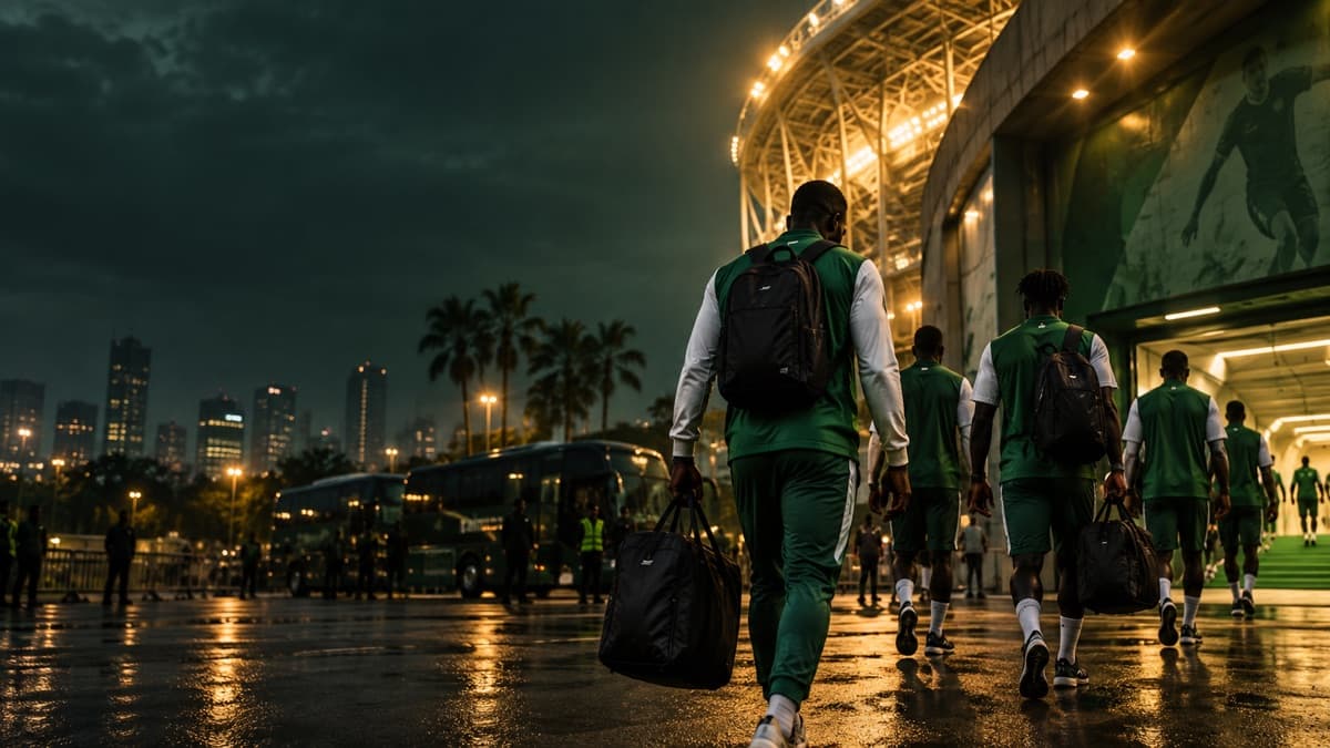 AI-generated anonymous footballers arriving at a stadium; an editorial illustration for Nigeria’s Guinea-Bissau qualifier.