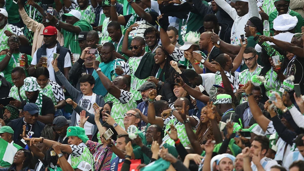 Nigeria supporters at a football match; a licensed archival editorial photograph, not a current Super Eagles squad image.