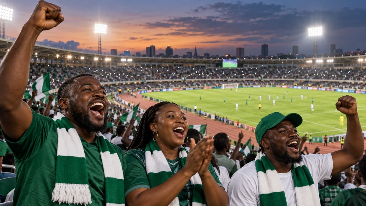 AI-generated Nigerian football supporters watching an NPFL match under stadium lights.
