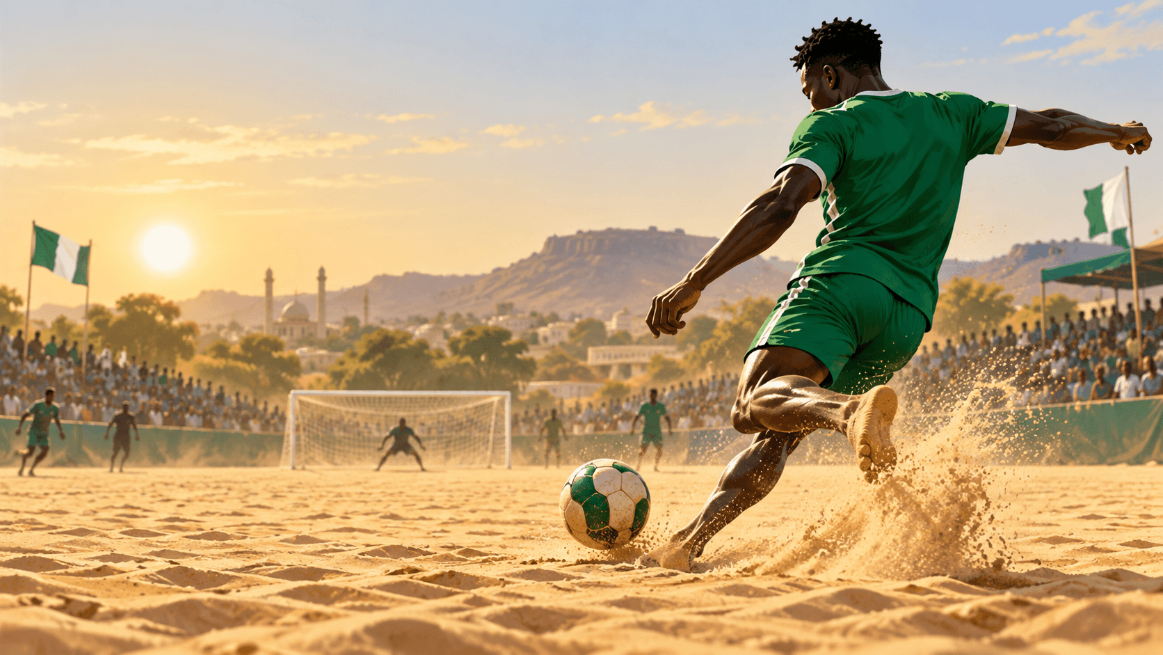 AI-generated editorial scorecard illustration of an anonymous Nigerian beach footballer striking a ball on a sand pitch.