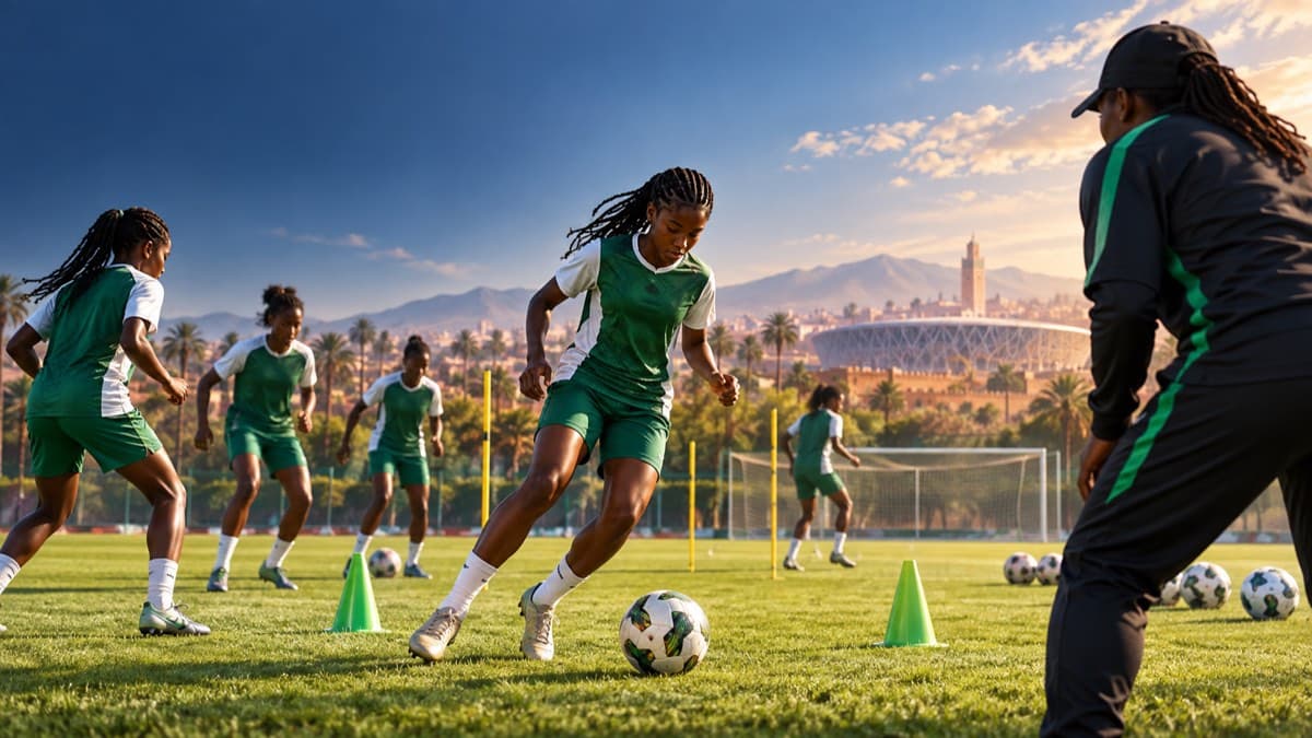 AI-generated editorial illustration of anonymous Nigerian teenage women footballers training before a global tournament.