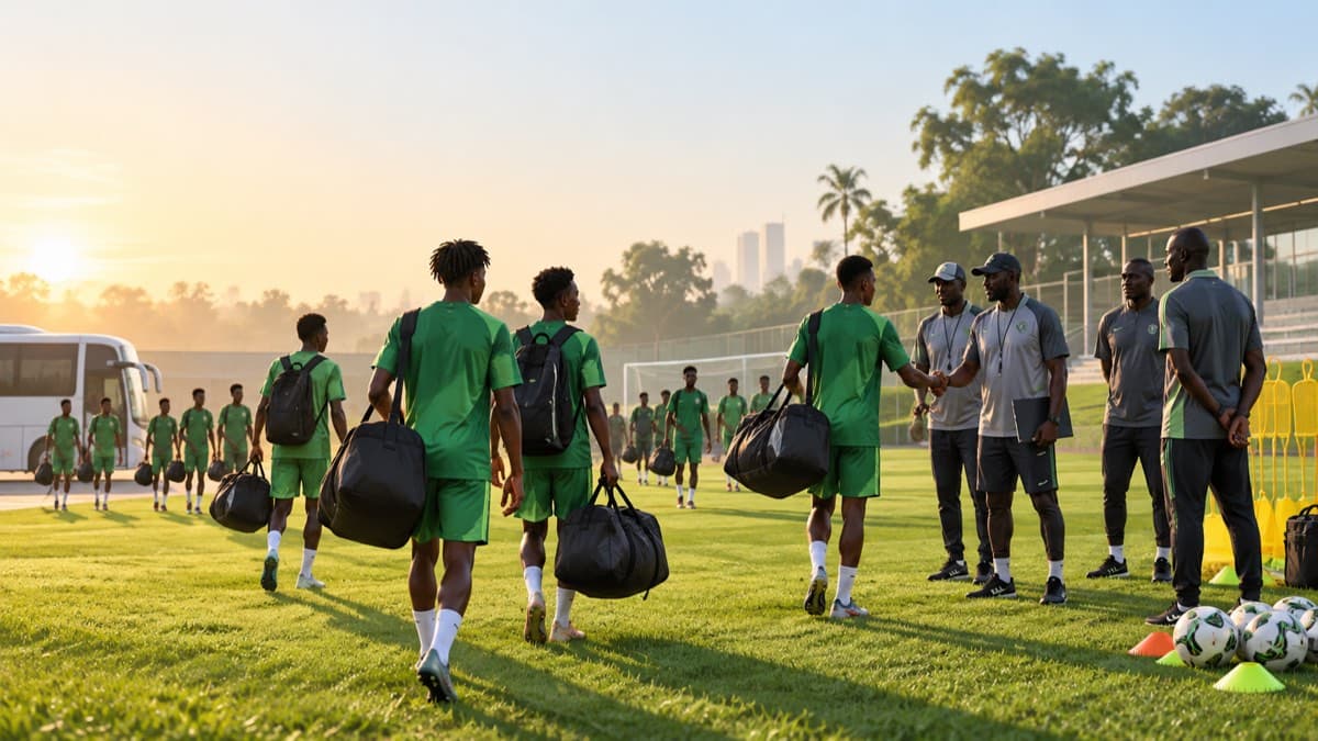 AI-generated editorial illustration of anonymous Nigerian under-17 footballers arriving at a training camp with football bags.