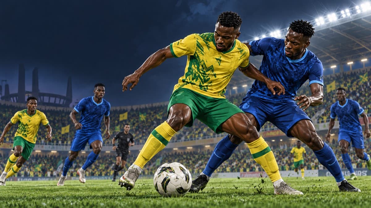 AI-generated editorial illustration of anonymous Nigerian footballers contesting a ball at a floodlit NPFL stadium.