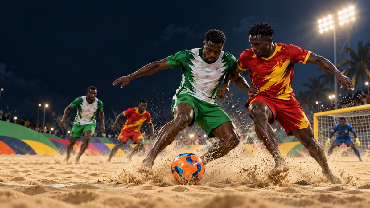 AI-generated editorial illustration of a beach football in front of Nigeria and Ghana colour bands on a sand pitch.