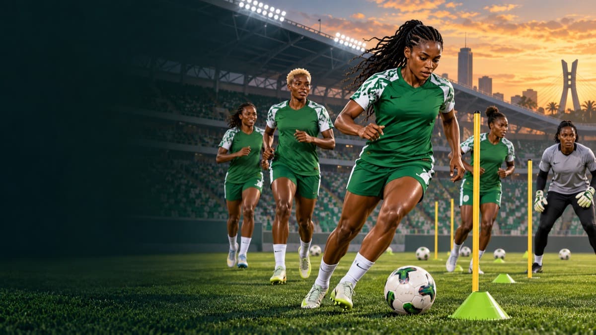 AI-generated editorial illustration of anonymous Nigerian women footballers in green training under stadium lights.
