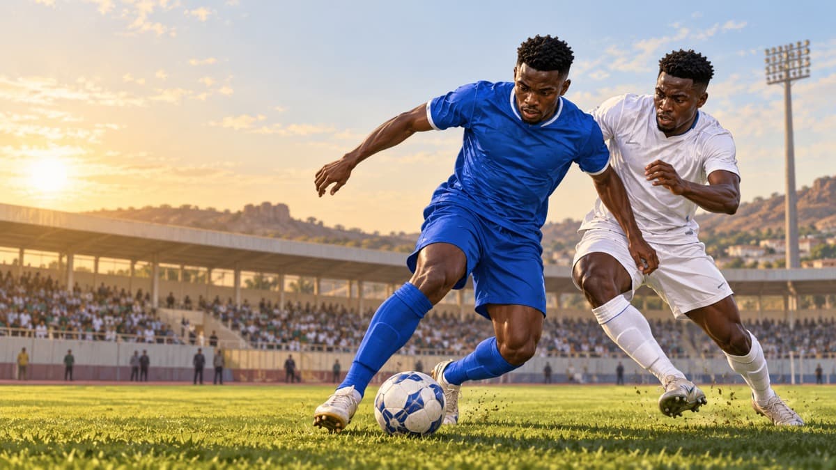 AI-generated editorial illustration of anonymous Nigerian footballers in blue and white contesting a ball before an NPFL fixture.