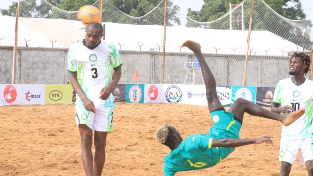 Nigeria's Sand Eagles contest a beach soccer ball against Senegal during an official international match.