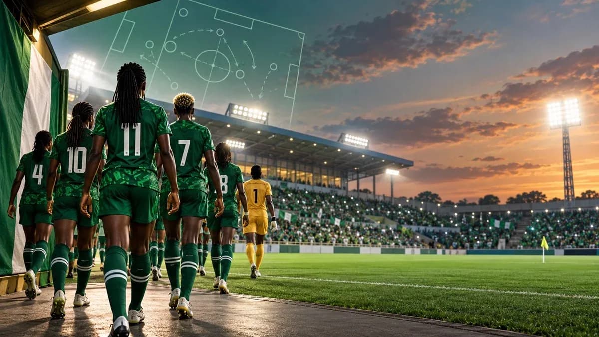 AI-generated editorial illustration of anonymous Nigerian women footballers for a two-leg qualifying explainer.