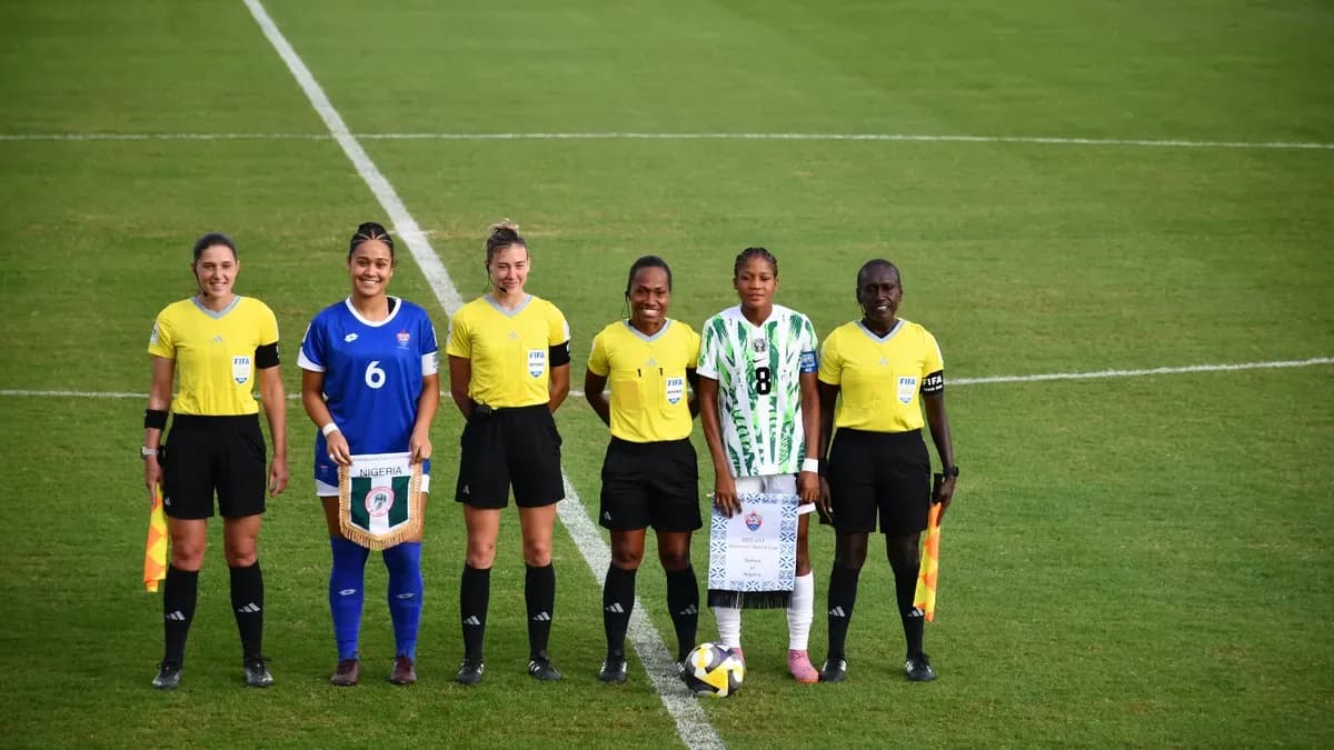 Nigeria and Samoa captains with match officials before their 2025 U17 Women’s World Cup match; archive photograph, not the 2026 squad.