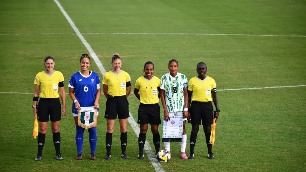 Archive photograph of Nigeria against Samoa at the 2025 U17 Women’s World Cup, illustrating the Flamingos section of the weekend guide.